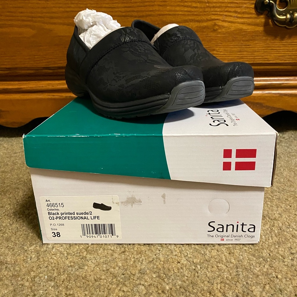Sanita Women's Black Printed Suede Clogs